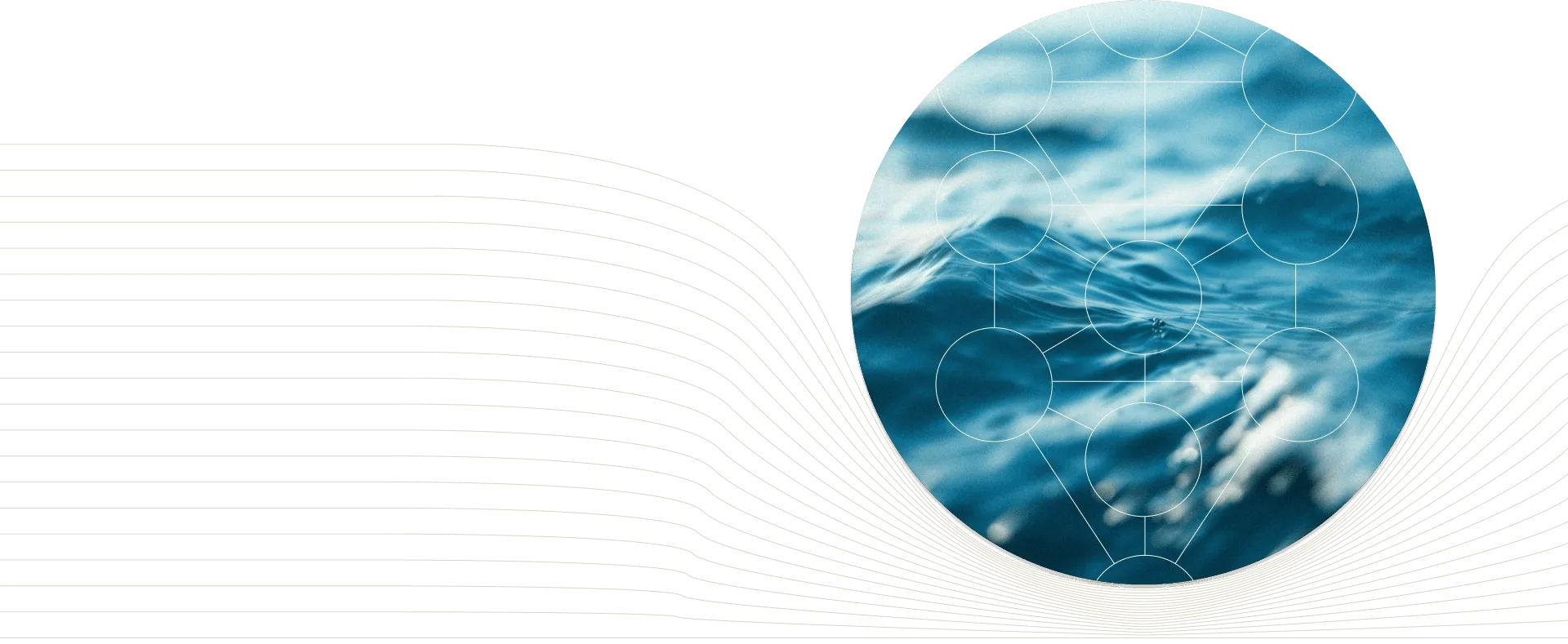 A circular image of blue ocean waves with a faint geometric pattern of interconnected circles and lines overlaid, set on a light gray background with fine curved lines.