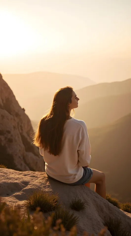 Woman on rocky ledge at sunset, gazing at hazy distant mountains.