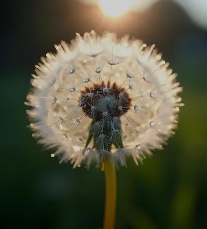 Close-up of a backlit dandelion puff with dew droplets, captured at sunset.