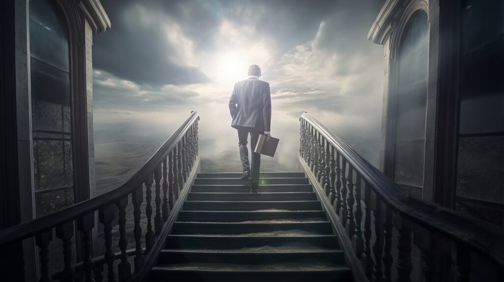 Человек идет по лестнице ведущей к Свету на встречу с Богом