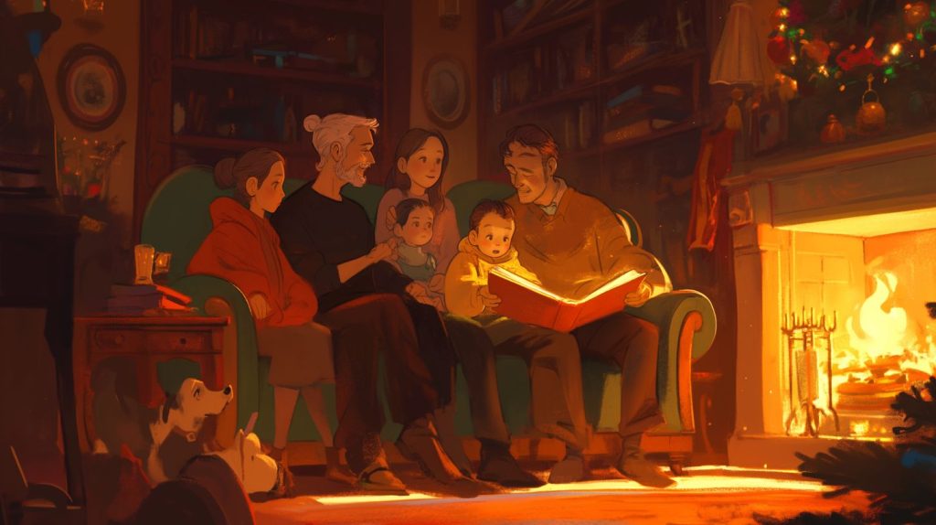 Отец читает ребенку сказку, вся семья вместе слушает
